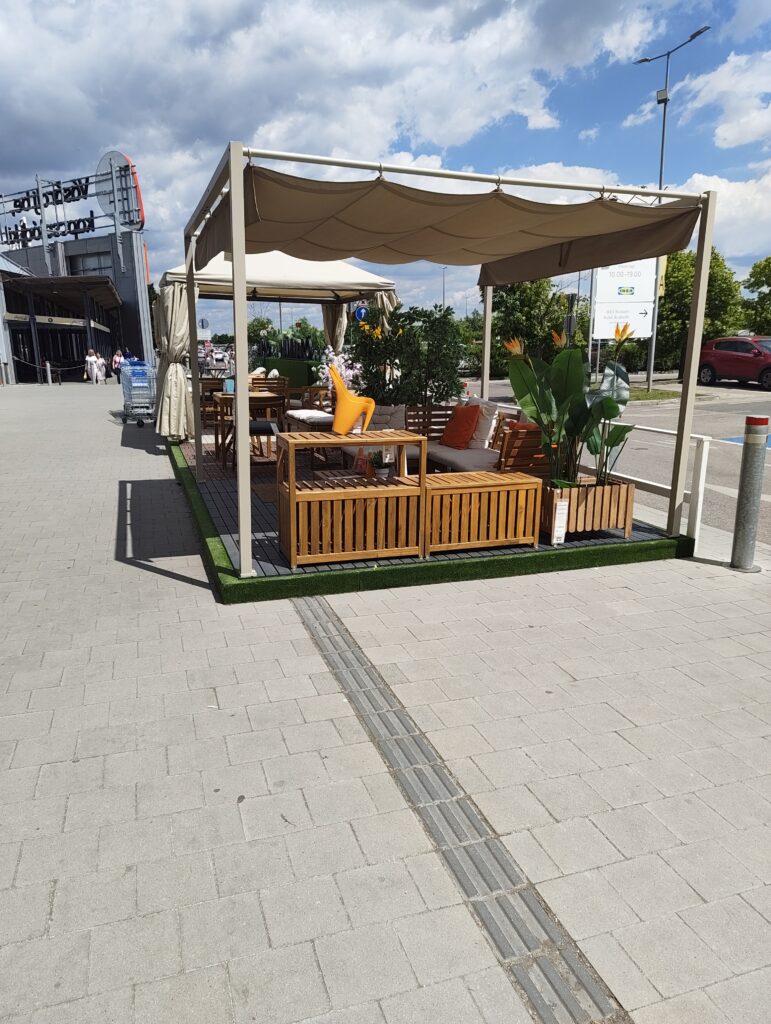 A tactile guidance path blocked by a shops display